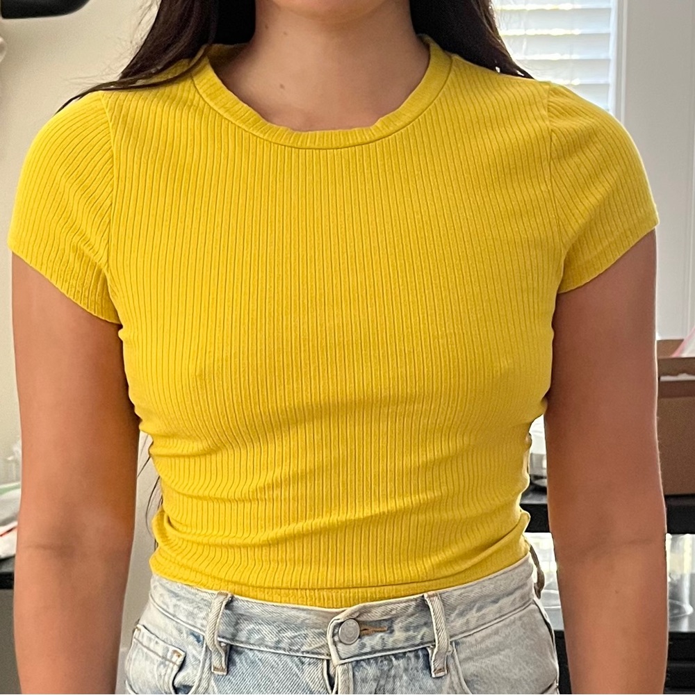 Yellow cotton ribbed crop top tshirt short sleeve
